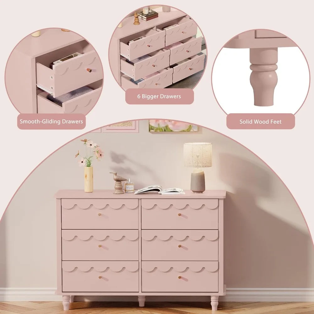 Girls Fluted Petal Scalloped Organizer Storage with Drawers, Pink 6 Drawer Dresser for Bedroom, Modern Wide Chest of Drawers