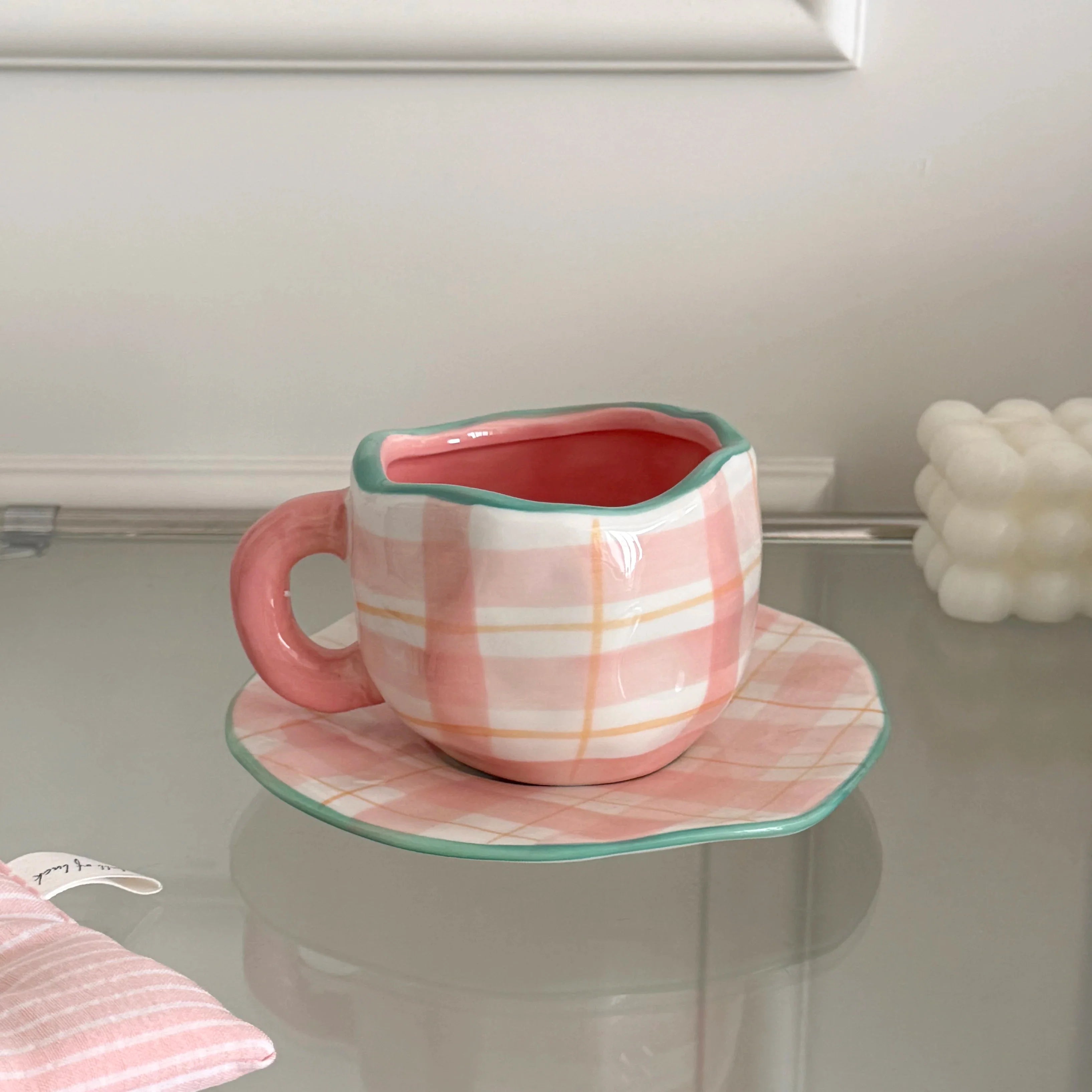 Hand-Kneaded Ceramic Cup and Saucer Multi-Color Plaid Heart Blue Sky and White Clouds Flower Mug Suitable for Afternoon Tea