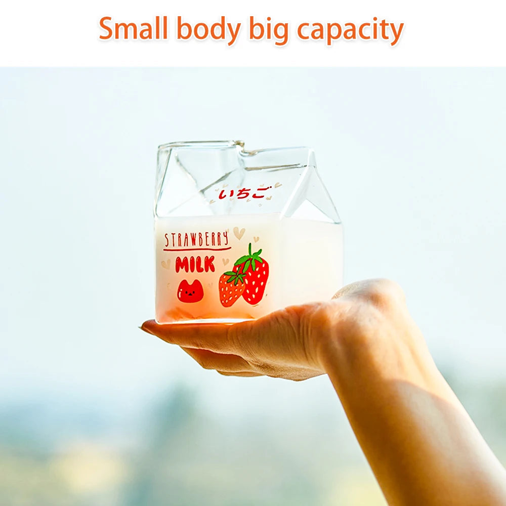 Kawaii Square Milk Carton Glass Cup Heat Resistant Cute Strawberry Peach Breakfast Cup Pudding Cup 380ml