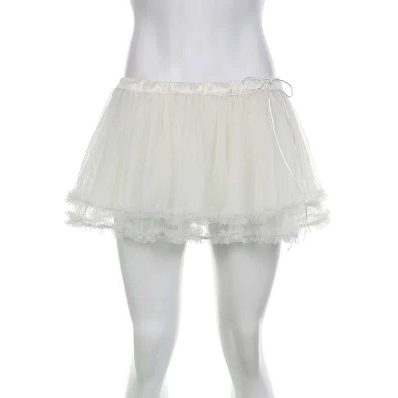 Coquette Tiered Ruffle Tulle Mesh Skirt Aesthetic Lace-up Low Waist A-line Mini