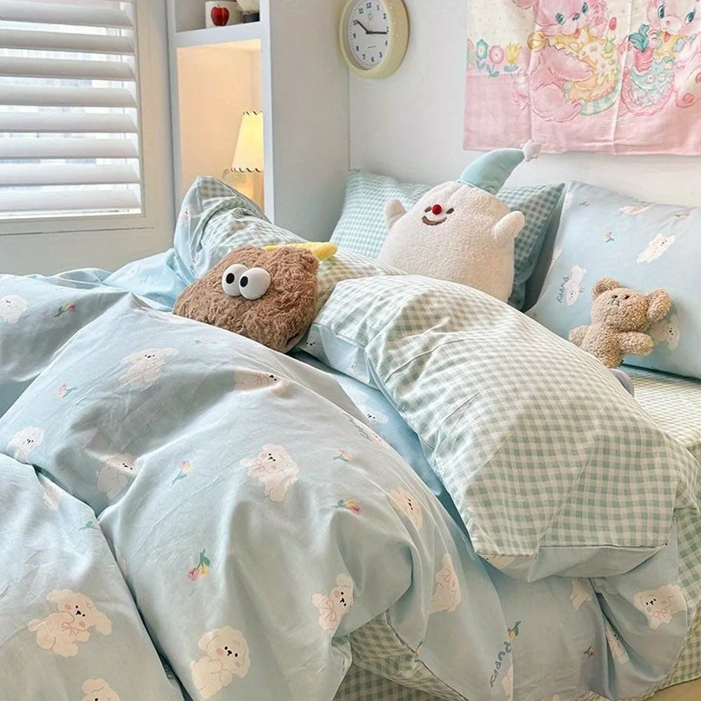 Cute Cartoon Bedding Set New No Filler Ins Soft Duvet Cover Flat Sheet Pillowcases Comforter Cover