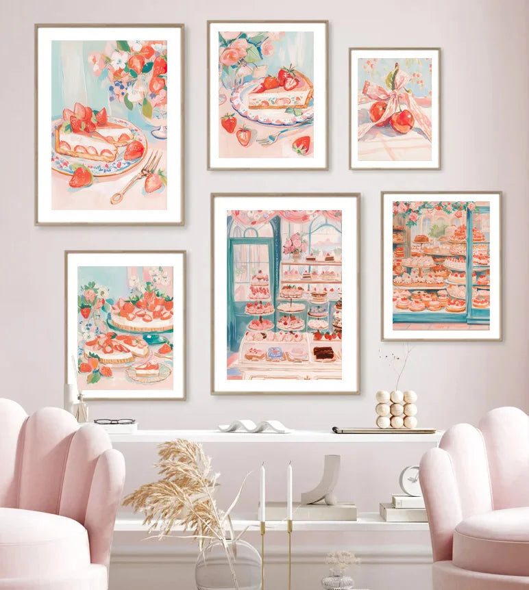 Retro Pink Cake Shop Dessert Gourmet Strawberry Cake Tea Poster Canvas Painting Prints Art Pictures Wall Decor