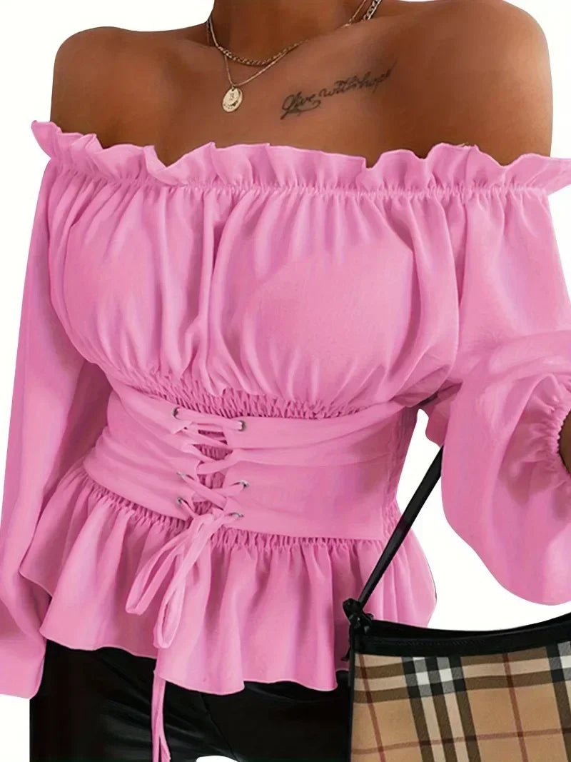 Women's Summer Plus Size 1XL-5XL Outfits Versatile Solid Color Long Sleeve Blouse Fashion Off Shoulder Lace Up Corset Shirt