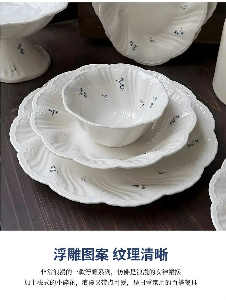 Ceramic Floral Bowl Dish Set Oval Plate New French Medieval High-end Cup Dish Set