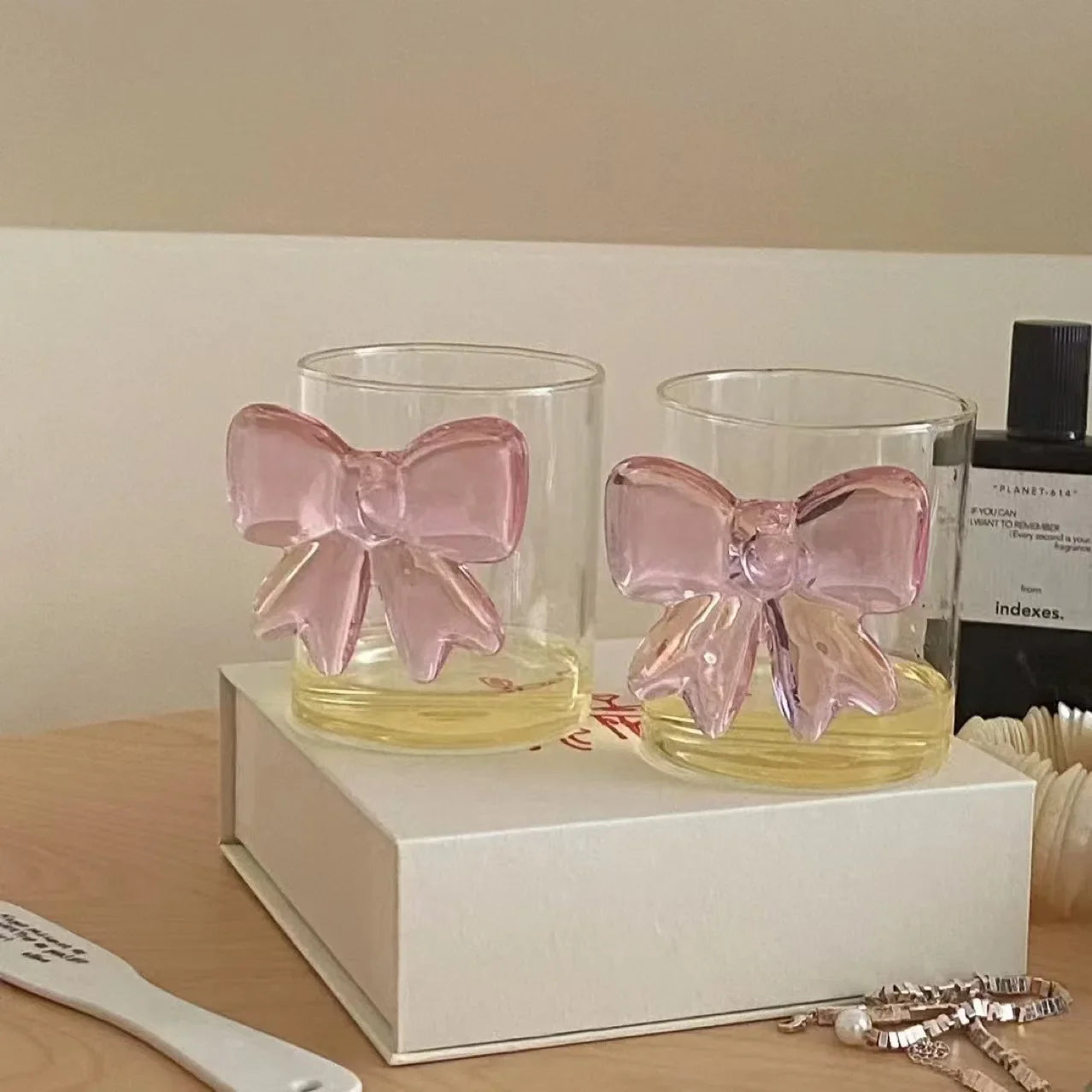 Pink Bow Series High Glass Cup, Butterfly Candlestick Romantic Champagne Wine