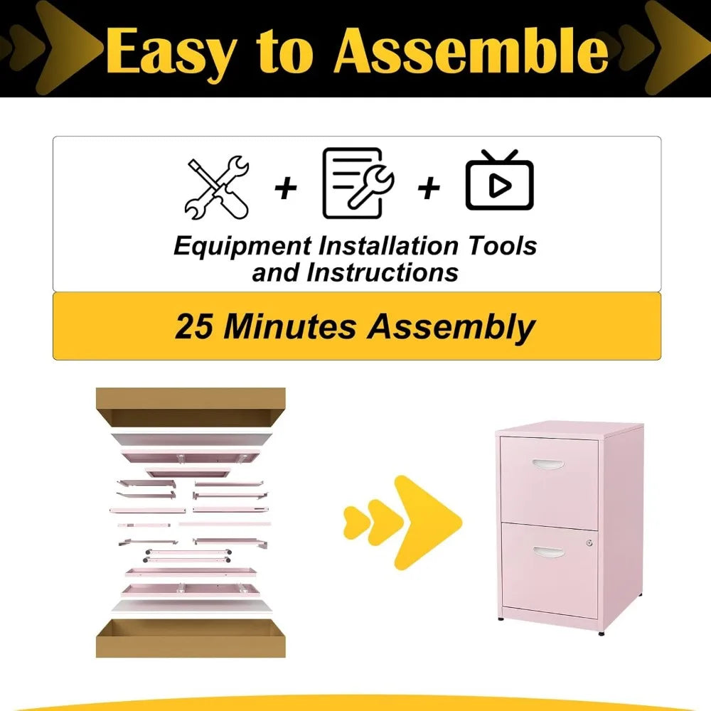 Pink 2 Drawer File Cabinet with Lock, Metal Office Drawers Filing Cabinet for Home Office, Filings Cabinets