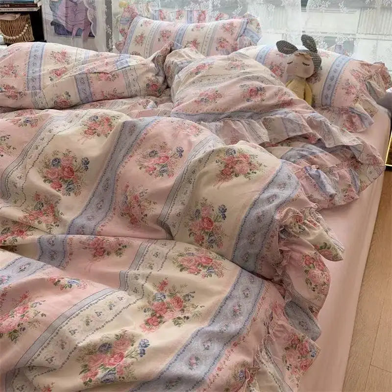 Princess Floral Bedding Set Washed Cotton Vintage French Flowers Lace ruffles Duvet Cover Set Pillowcase