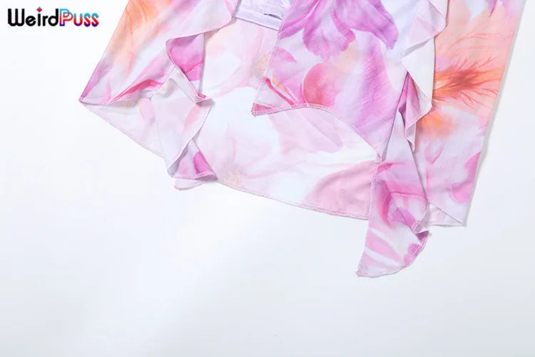 Flower Print Woman Summer Strapless Splits Irregular Tassel Patchwork Backless Skinny Dress