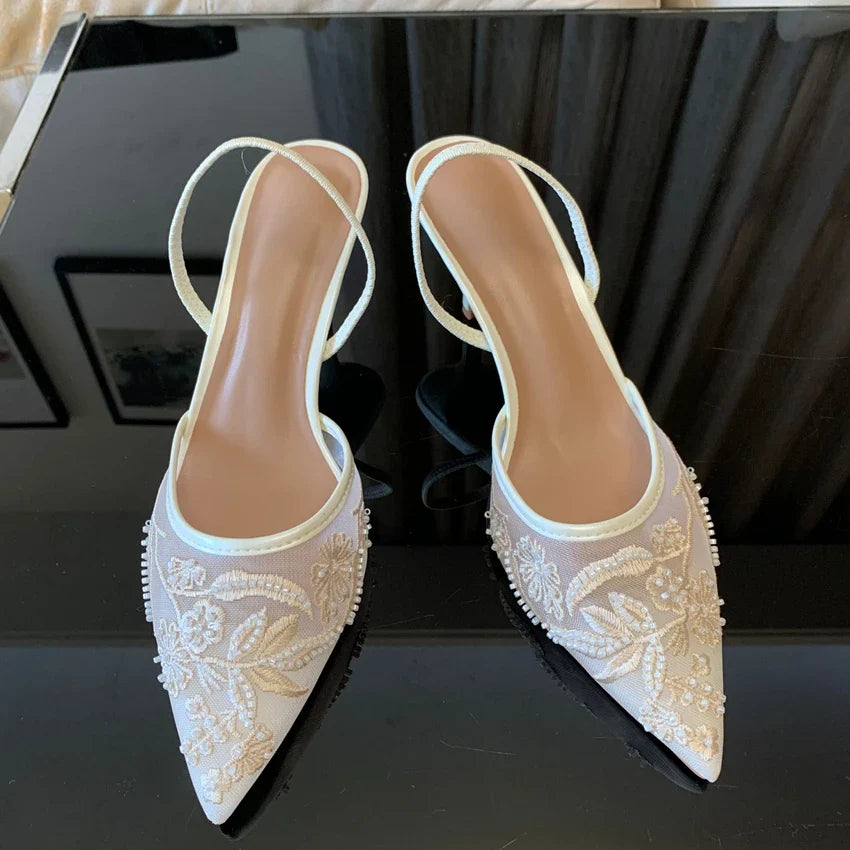 Brand Designer White Women Pumps Mesh Embroidered Flowers Back Strap Sexy Slingback High Heels