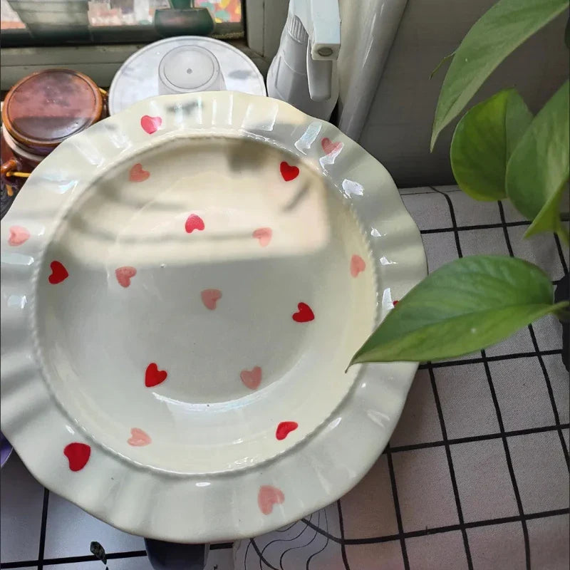 Cream Love Heart Lace 8.5inch French Deep Plate Ceramic