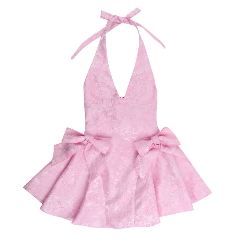 Pink Jacquard Halter Bow Evening Party Dress Women Robes Backless Elegant Sexy Dress Bodycon Mini Dress