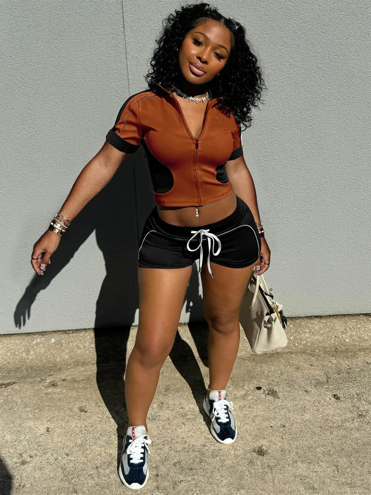 Women Sets Outfit Summer Streetwear Panelled Two Tone Slim Sports Short Sleeve Shorts Suits Zip Crop Tops Casual 2 Two Piece Set