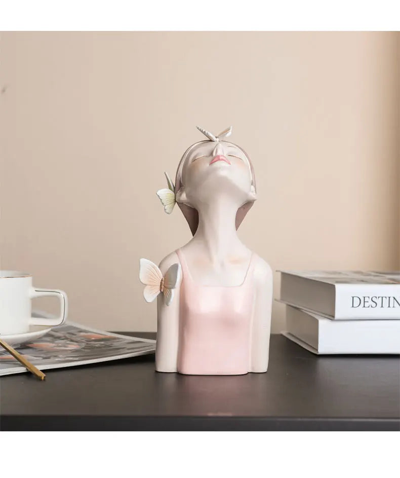 Pink Girl Butterfly Fairy Figurines, Resin Tabletop Statues, Creative Girl Bust With Butterflies, Home Decor Craft