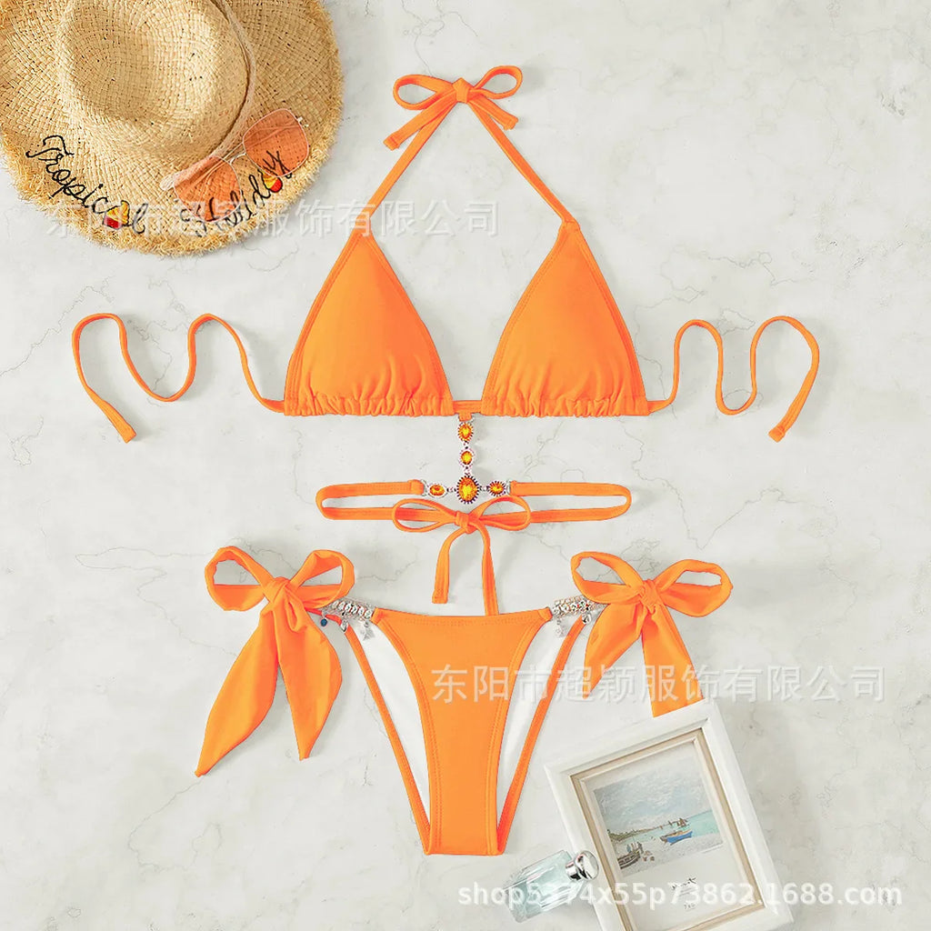 Women's Swimwear Crystal Diamond Triangle Bandage Backless Beach Bikini Swimsuit