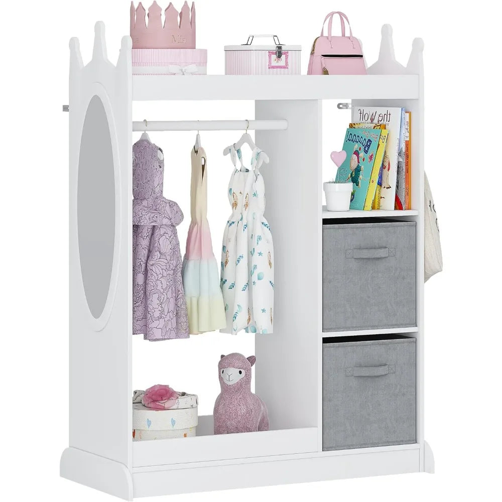 Kids Armoire Wardrobe Closet with Mirror and Storage Bin, Pink,  33.4 in W x 15.75 in D x 44.5 in H