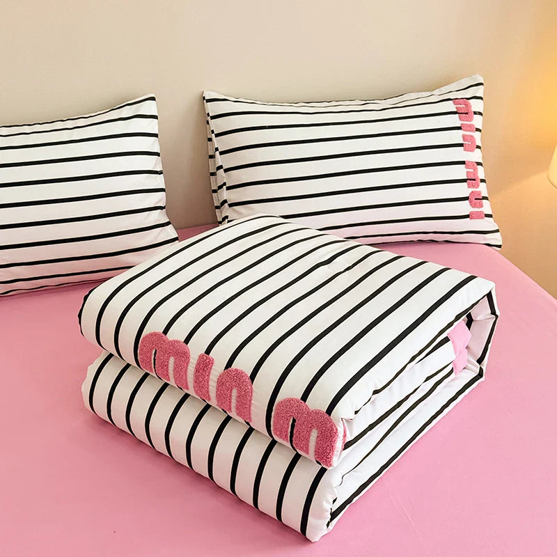 Stripe Quilt set Pink And White Bedding Set with Flat Sheet Set Soft  Fluffy Embroidery Quilt Set