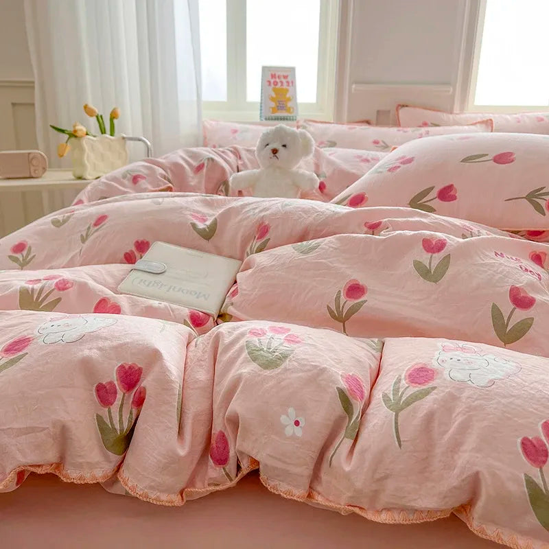 Tulip Double Layer Yarn Quilt Cover Bed Sheet Pillowcase Bedding Set Girls Duvet Cover Set No Filler