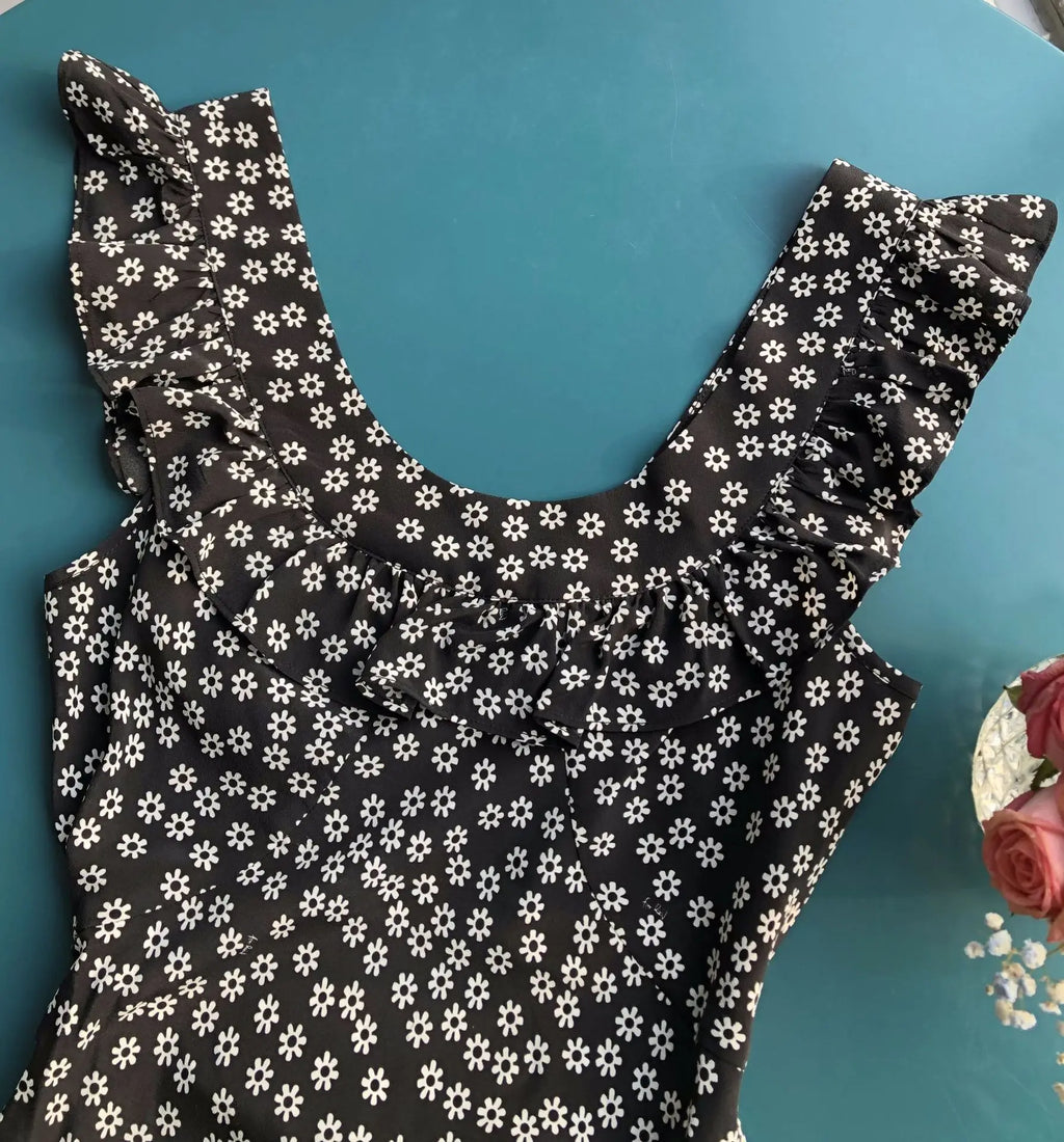 French Daisy Vintage Girl Silk Polka Dots U Neck V Back Sexy Summer Women Long Dress