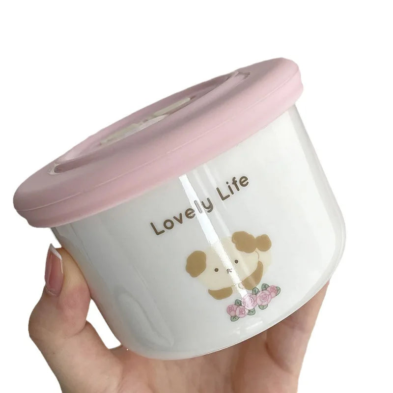 Cute Ceramic Snack Bowl with Lid, Exhaust Hole, Sealed and Fresh-keeping Bowl, Small Lunch Box for Steaming and Cooking