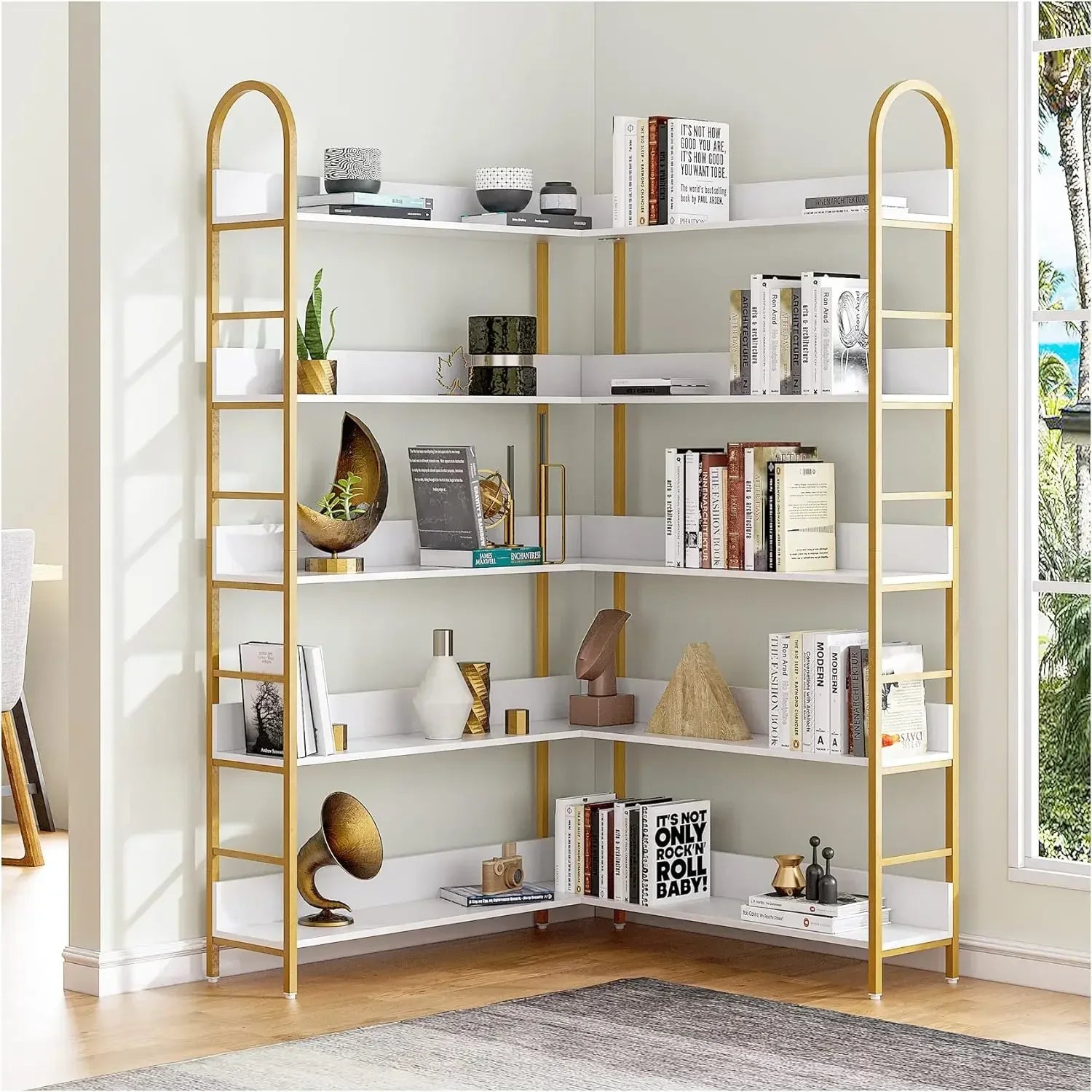 Triple Wide 5-Tier Large Arched Open Bookshelf, Etagere Bookcase with Display Shelf for Home Decor