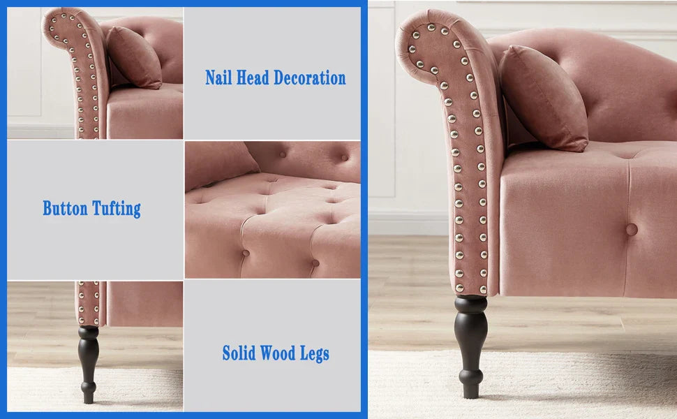 Upholstered Velvet Rolled Arm Chaise Lounges Indoor Chair, Right Arm Facing Chaise Lounge with Nailhead Trim and 1 Pillow