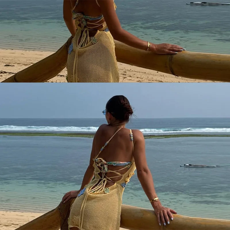 Sexy Beach Women's Set Beading Flower Crochet Crop Top Slim Maxi Skirt Female Suit Summer Hollow Out Knit Lady Dress Sets