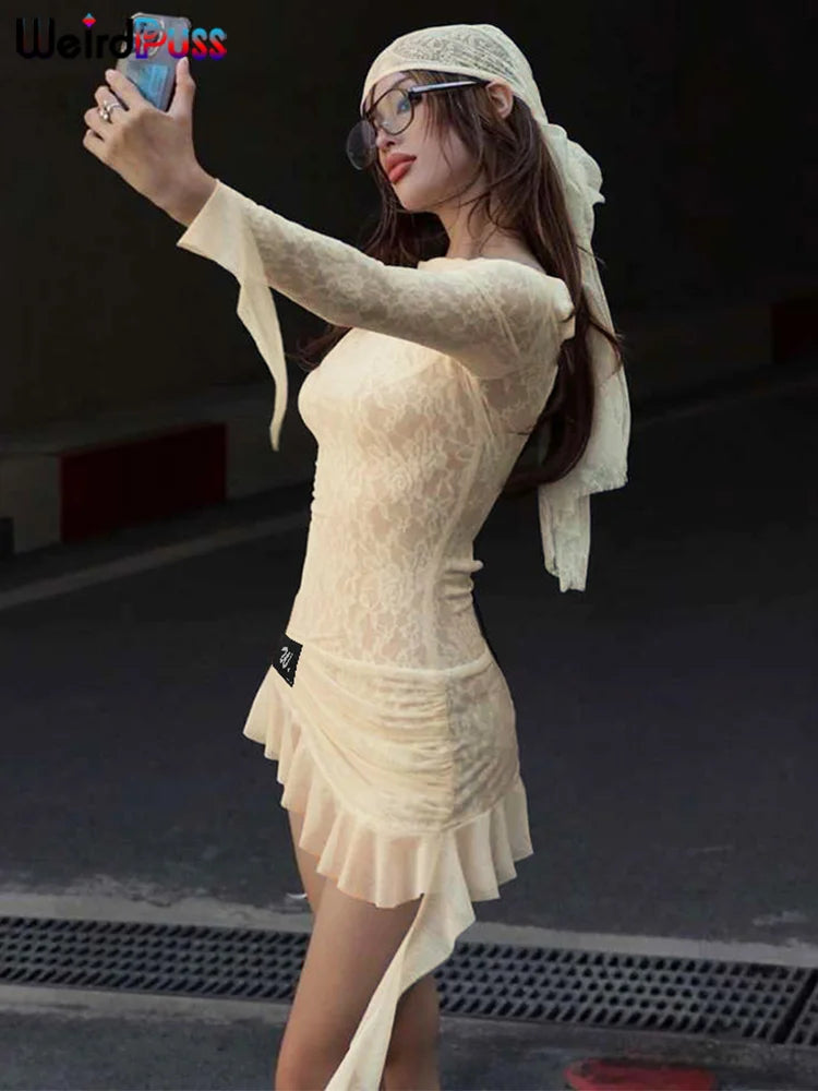 Lace Patchwork Dress Woman Sexy See Through Bandage Backless Ruffles Long Sleeve Irregular Hem Skinny Bodycon