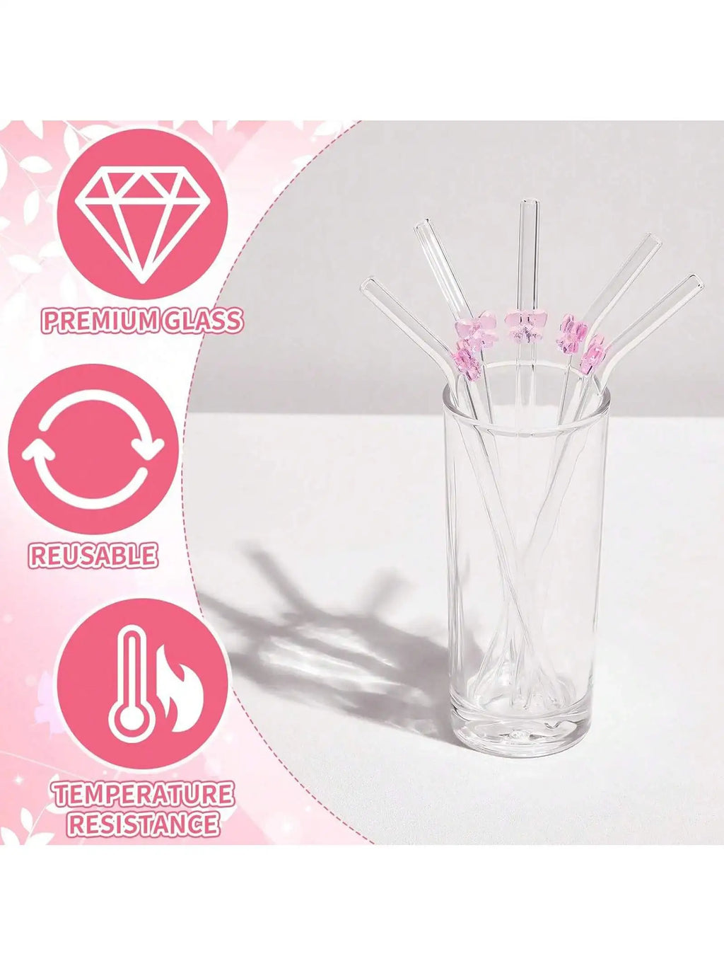 Reusable Cute Bow Glass Straws with  Cleaning Brush