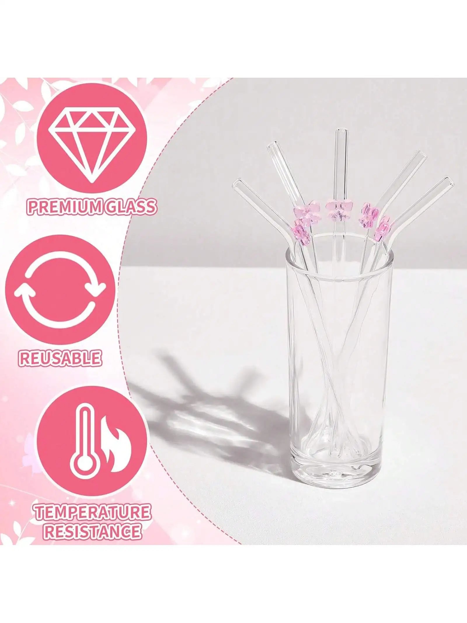 Reusable Cute Bow Glass Straws with  Cleaning Brush