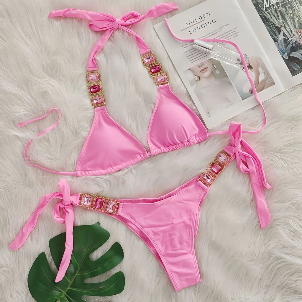 Sexy Rhinestone Bikini Set Women Luxury Pink Crystal Diamond Push Up Bandage Thong Swimsuit