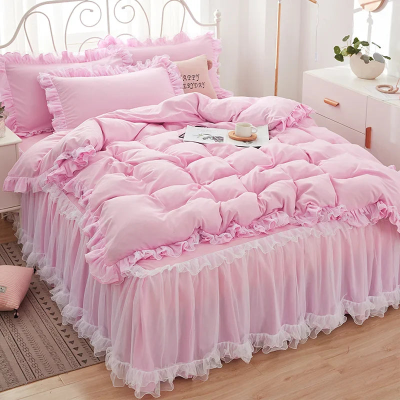 Princess Girl Pink Bedding Skirt Sheet With Lace Solid Color Bed Cover Pillowcase Decor Bedroom