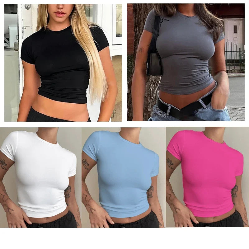 Woman Short Sleeve T-shirt Slim Fit Tops Female O-Neck Knitted Sheath Tee Shirt Street Wear Sex Sporty