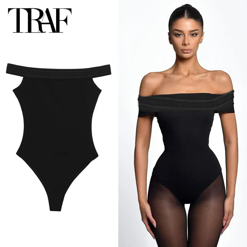 Women Black Bodysuit Off Shoulder Slimming Sexy Tops Elegant Spandex Corset Bodycon Bodys Sleeveless Thong Bodysuit