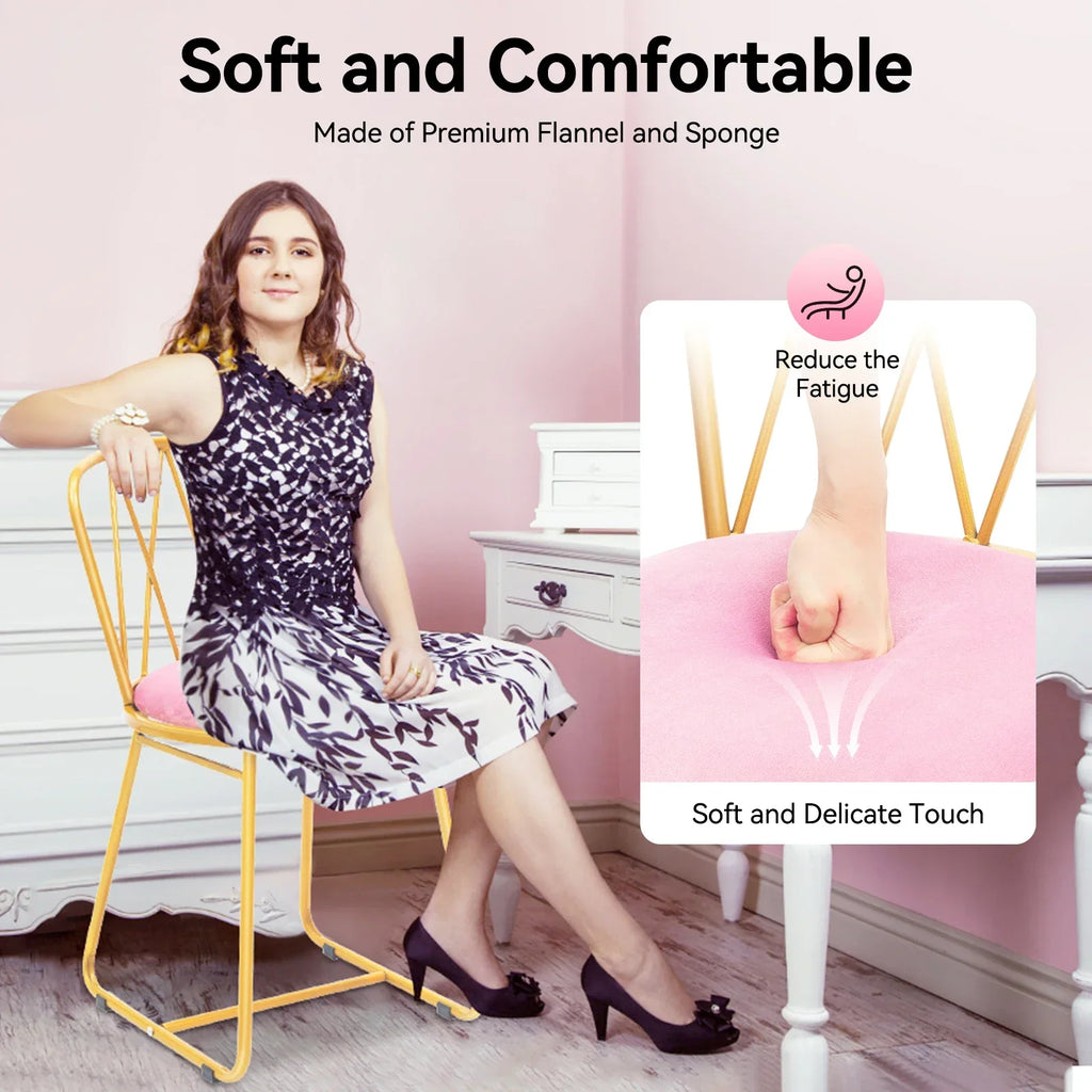 Pink Velvet Makeup Chair with Gold Base 50mm Thick Cushion & Modern Vanity Stool Foldable Backrest Freestanding