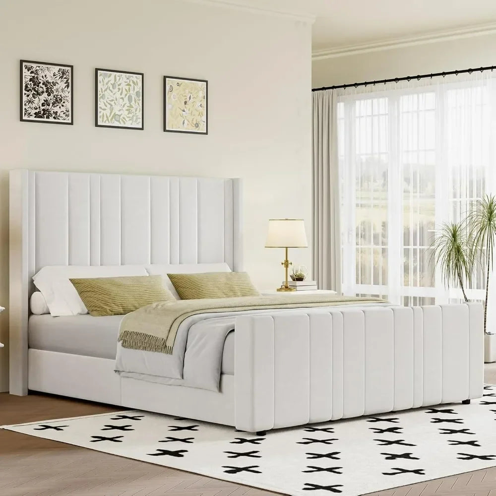 Soft Velvet Upholstered Bed Frame with Vertical Channel Tufted Wingback Headboard & Tall Footboard