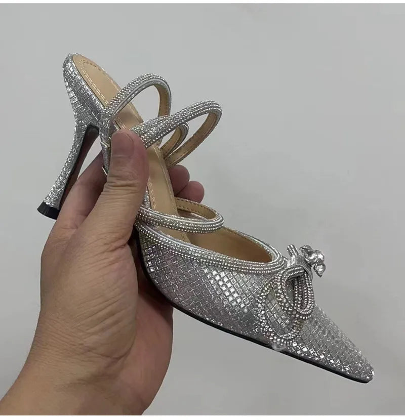 Glitter Crystal Women Pumps Sexy Ankle strap Rhinestones Bowknot High Heels