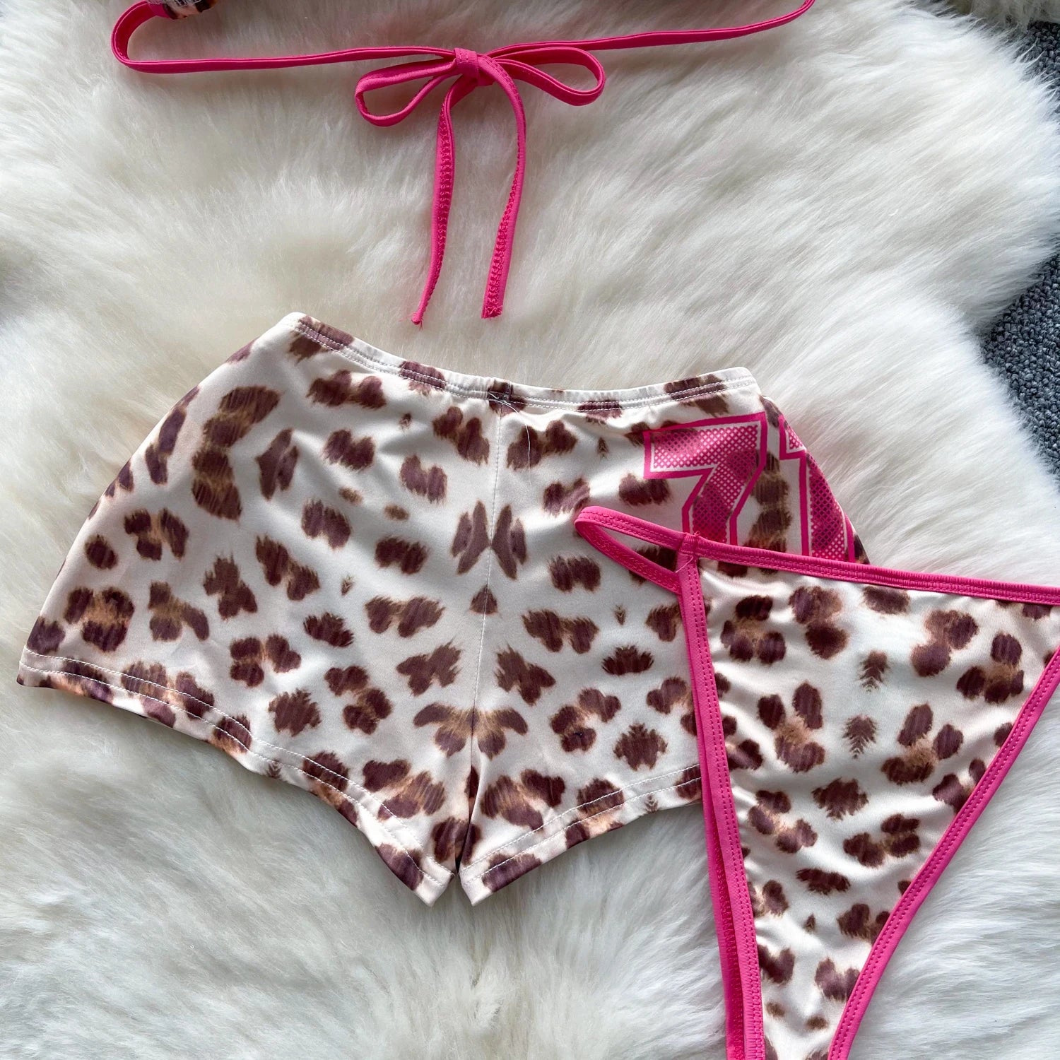 Leopard Bikini Hotsweet Three Piece Set Halter Bra+Slim Shorts+Mini Briefs Women Lace-Up Backless Sexy Suits