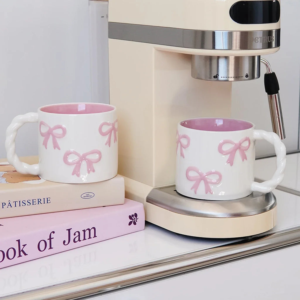 Pink Bow Ceramic Mug, Twist Handle Ceramic Mug, Exquisite and Simple Pink Embossed Mug
