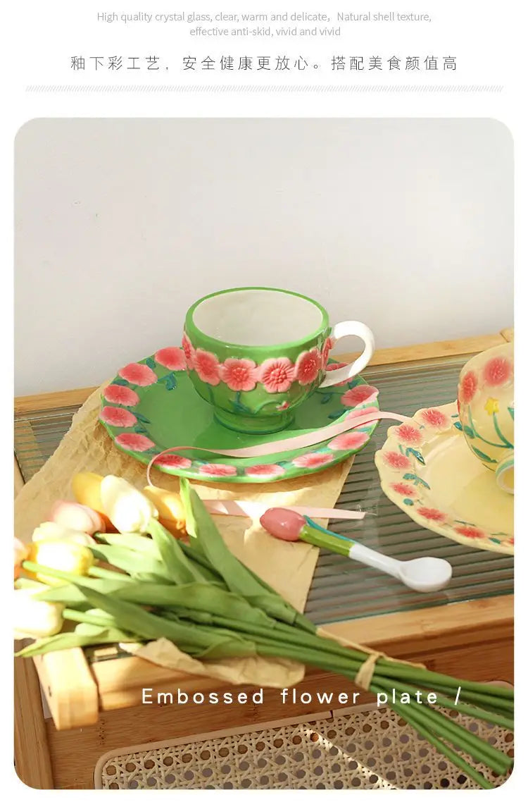 Flower Plate Embossed Small Flower Dessert Plate Ceramic Plate Under Glaze Colored Hand-painted Tableware