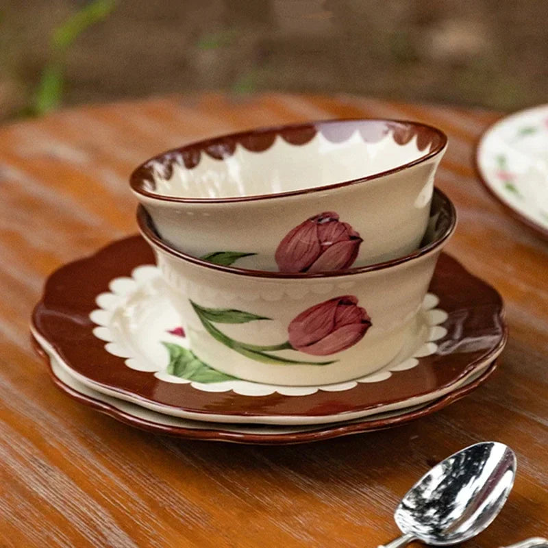 Retro Tulips Flower Ceramic Light Luxury Exquisite Dessert Plate