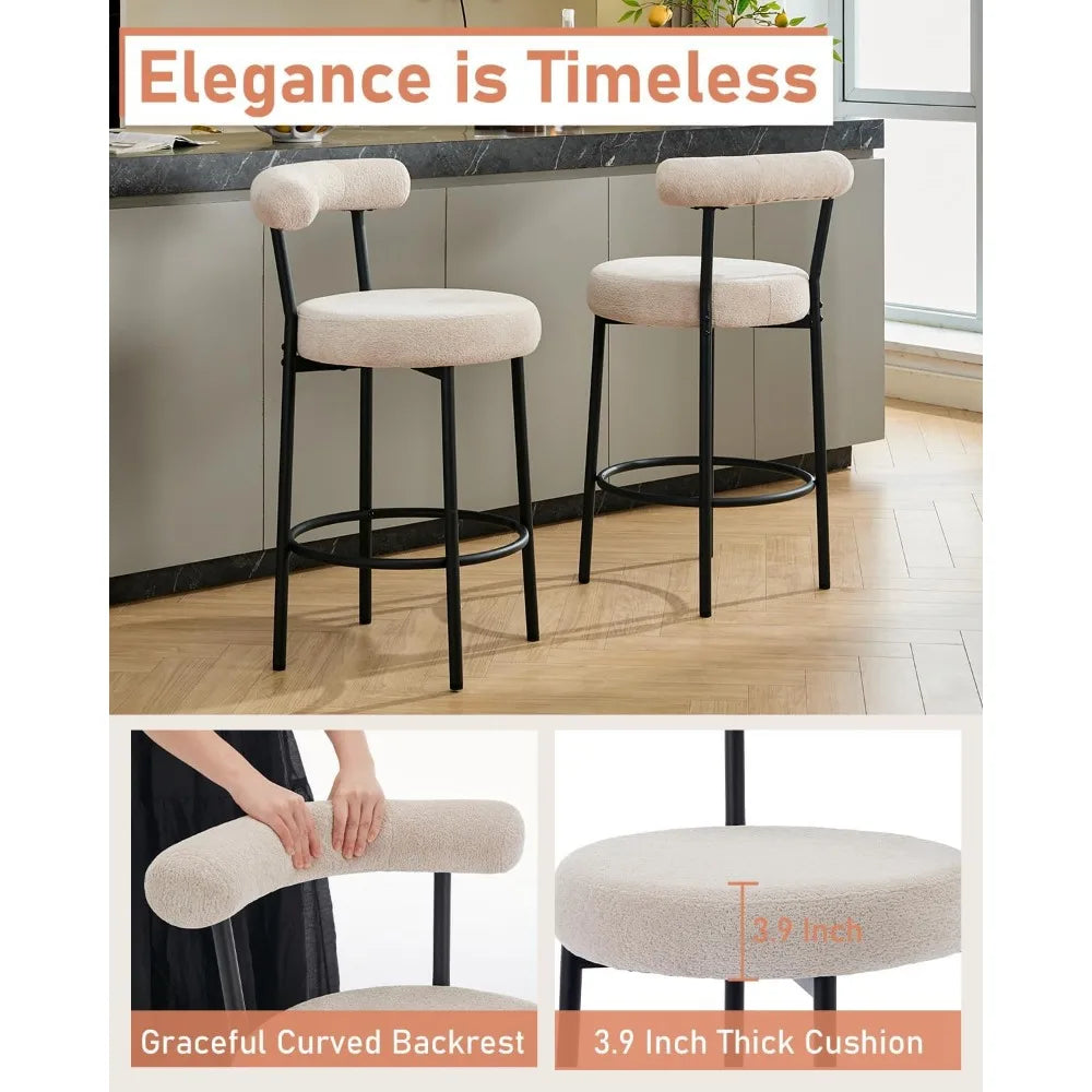 Modern Bar Stools Set of 2 Counter Height Bar stools with Curved Open Back 4'' Round Thick Upholstered Wrinkled Velvet Fabric Set