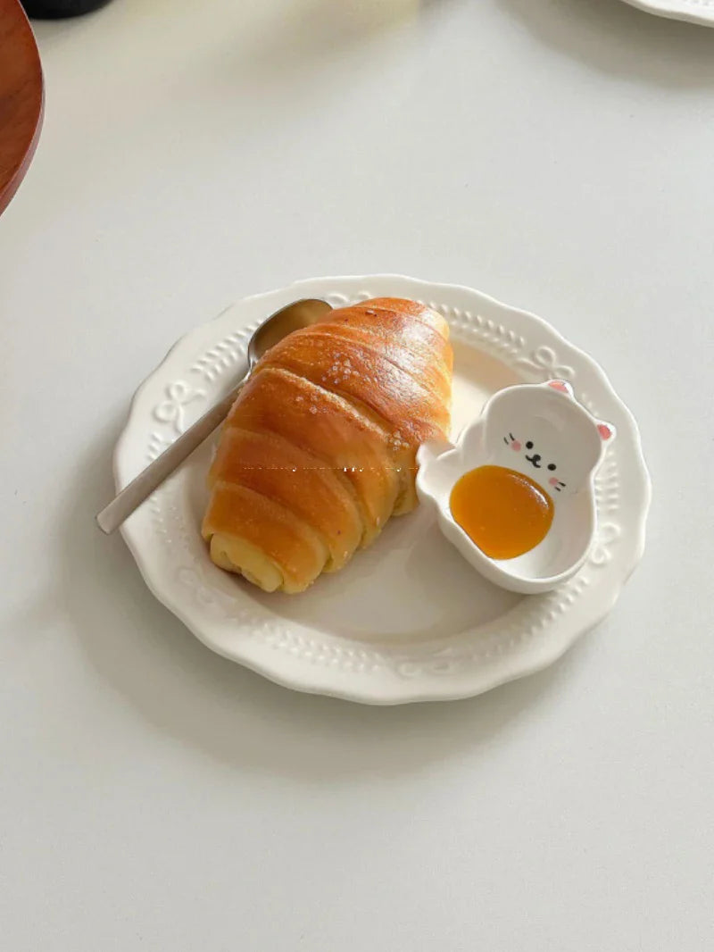 White Bow Embossed Ceramic Plate Dish Simple Dessert Disc 20.5cm Tableware