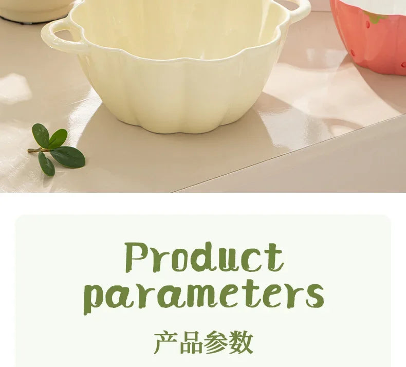 Strawberry Double Ear Ceramic Bowl,Cream 6.5-inch 9.5-inch Soup Bowl with Handle Home