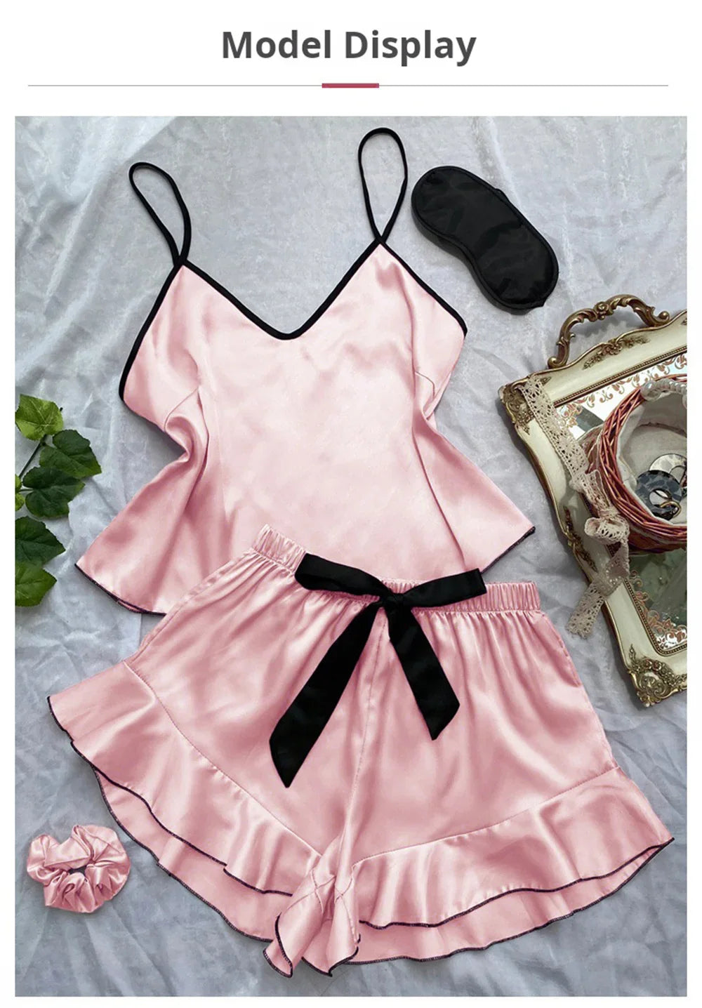 Women's Smooth Satin Pajamas V-Neck T-Shirt Ruffled Edges And Bow Shorts Simple And Breathable Pajama Set
