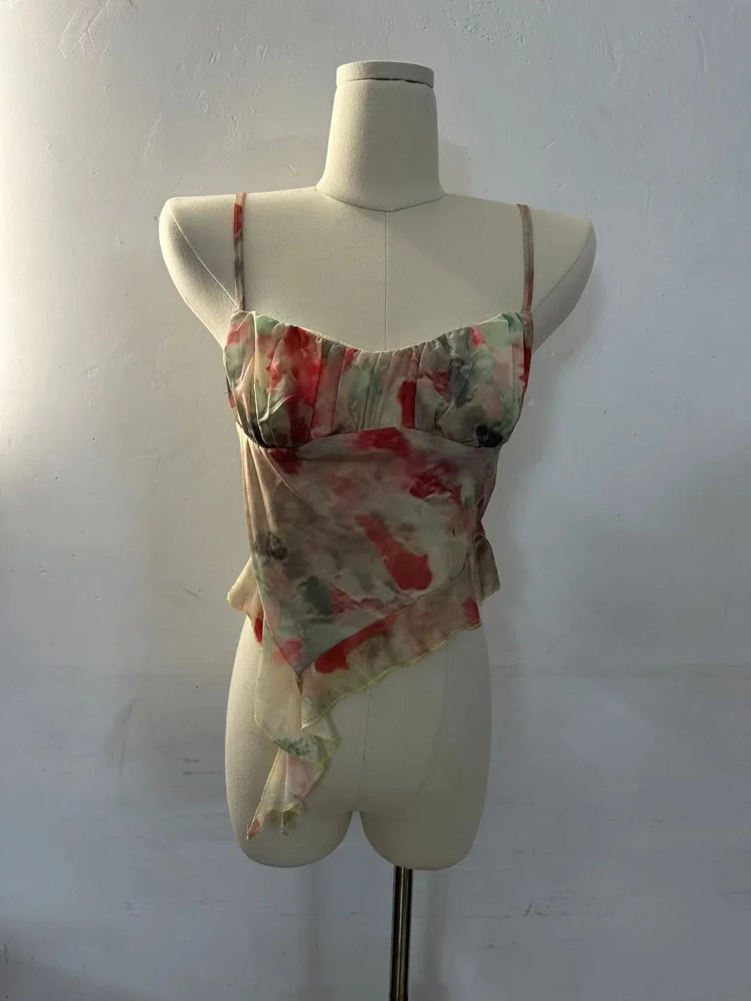 Girls Sweet Ruffles Mesh Camisole Top Lady Camis Sleeveless Printed Floral T shirts Stretch Slim Tanks For Slim Women