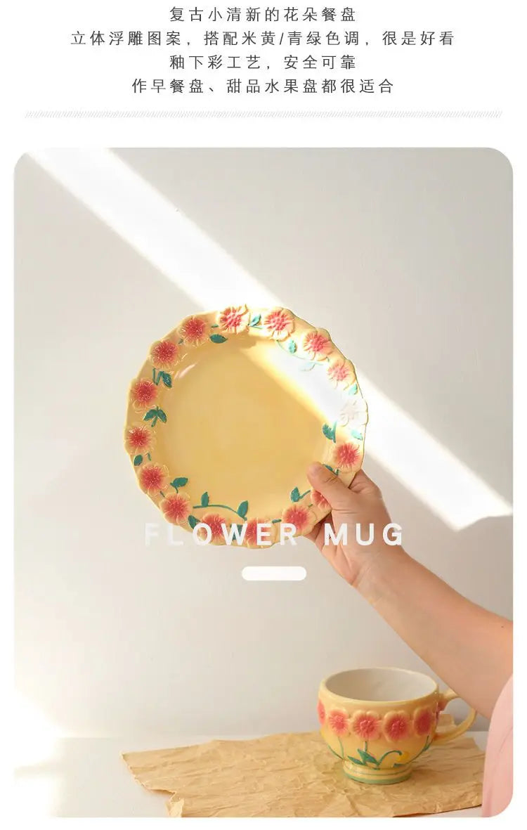 Flower Plate Embossed Small Flower Dessert Plate Ceramic Plate Under Glaze Colored Hand-painted Tableware