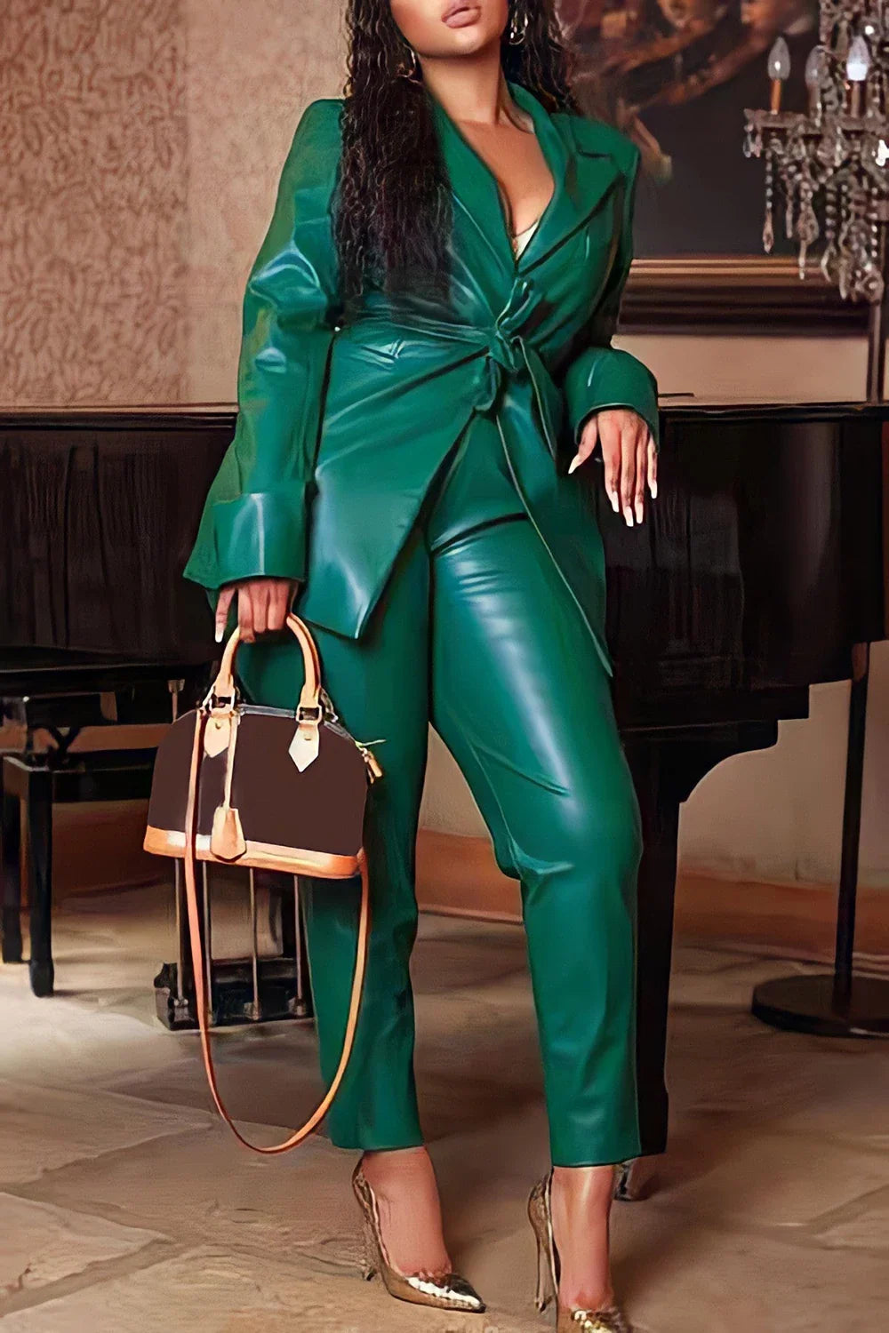 Plus Size Business Casual Green Turndown Collar Long Sleeve Pocket PU Leather Two Piece Pant Suits