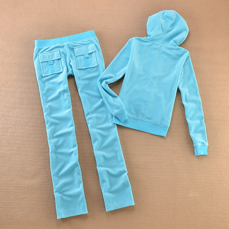 Solid Color Velvet Tracksuit For Women Two Piece Spring Women's Sweatshirt and Trousers Set
