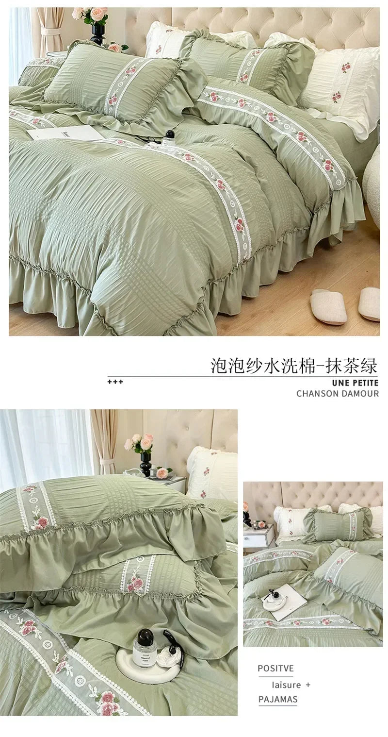 French Embroidered Lace Bubble Gauze Bedding Set Elegant Princess Style Duvet Cover Set Ruffled Comforter Cover Sets