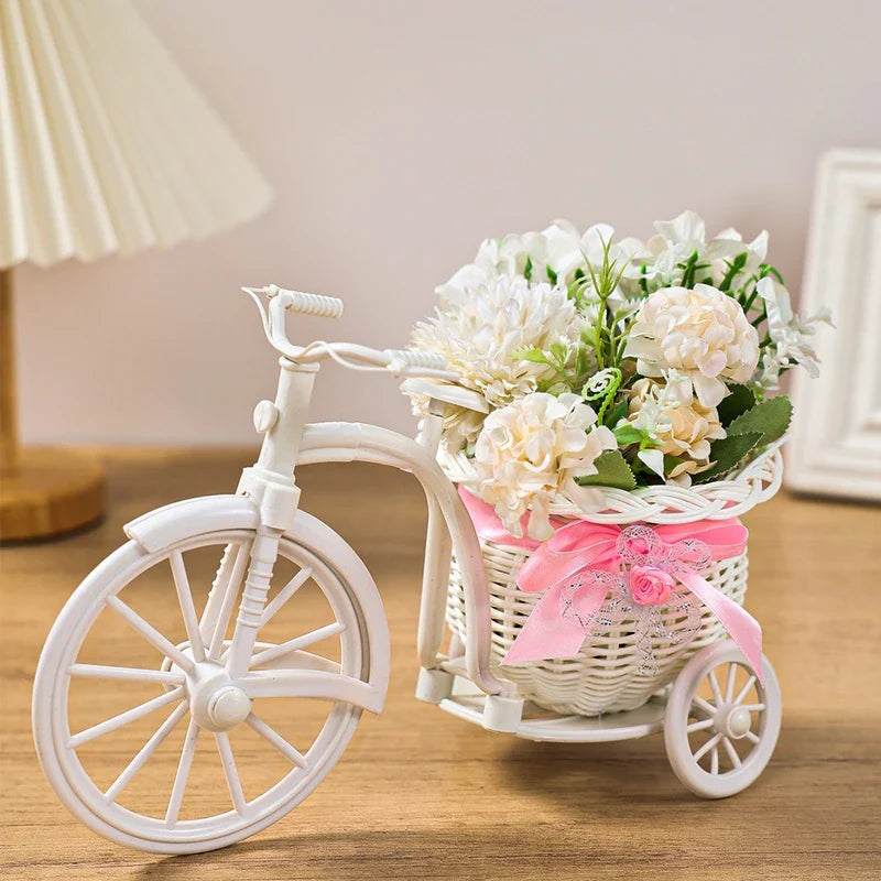 Plastic Flower Basket Vase Pink Tricycle Bicycle Model Home Garden Wedding Party Decor Romantic Cute Decor Figurines Miniatures